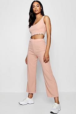 Boohoo Kiera Ribbed Lettuce Hem Top Trouser Co-ord Set