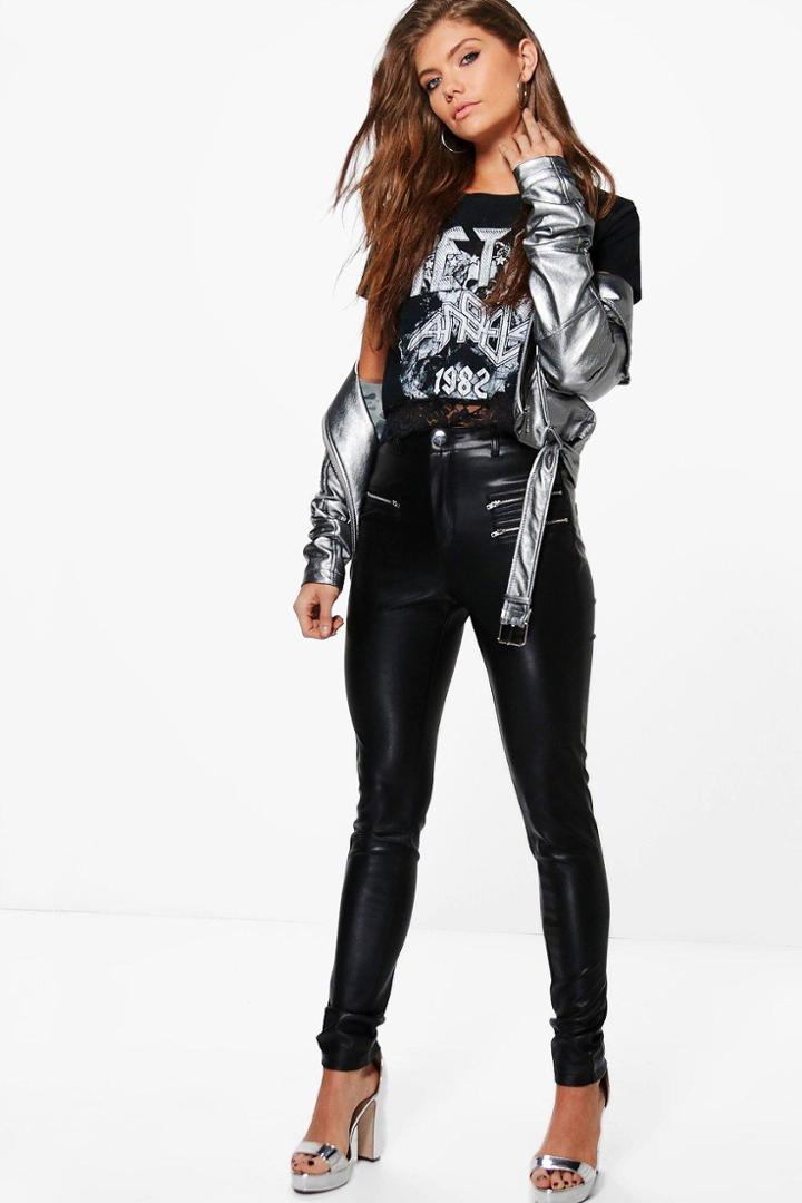 Boohoo Tall Novella Premium Leather Look Zip Stretch Trouser Black