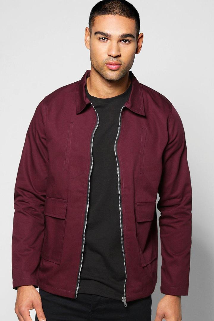Boohoo Double Pocket Zip Through Lined Jacket Burgundy
