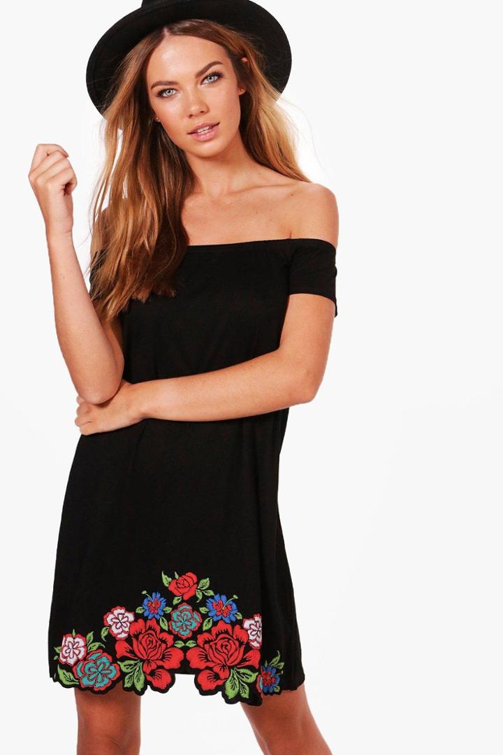 Boohoo Serena Off The Shoulder Printed Laser Cut Shift Dress Black