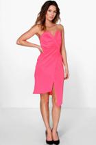 Boohoo Amra Wrap Asymmetrical Detail Bandeau Midi Dress Coral
