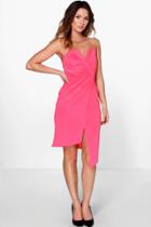 Boohoo Amra Wrap Asymmetrical Detail Bandeau Midi Dress Coral