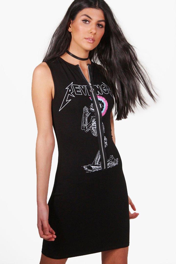 Boohoo Jezebel Revenge Zip Printed Bodycon Dress Black