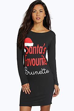 Boohoo Cora Santa's Favourite Brunette Christmas Dress