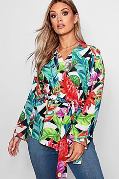Boohoo Plus Joy Floral Tropical Print Wrap Top
