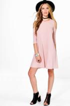 Boohoo Lola Short Sleeve Cold Shoulder Rib Swing Dress Blush
