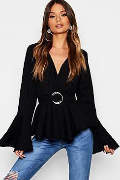 Boohoo Textured Wrap Pep Hem Belted Blouse
