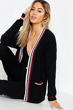 Boohoo Petite Soft Knit Sports Stripe Tape Cardigan