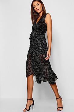 Boohoo Tall Polka Dot Ruffle Midi Dress