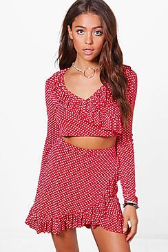 Boohoo Niamh Ruffle Polka Dot Crop & Skirt Co-ord Set