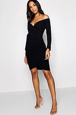 Boohoo Tall Off Shoulder Rib Wrap Dress