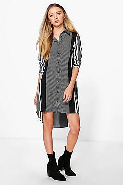 Boohoo Alice Mono Print Long Sleeved Shirt Dress