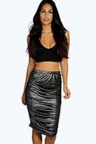 Boohoo Lena Metallic Ruched Side Slinky Midi Skirt