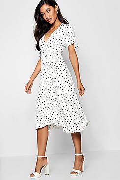 Boohoo Polka Dot Midi Wrap Dress