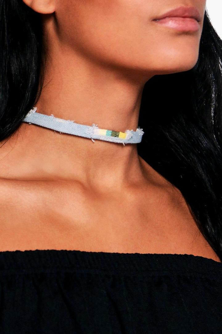 Boohoo Maya Frayed Denim Skinny Choker Blue
