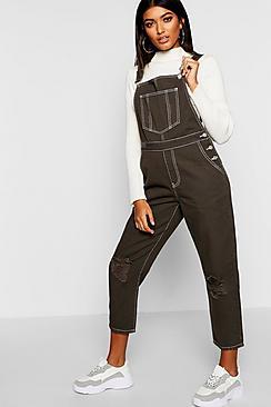 Boohoo Distressed Contrast Stitch Khaki Dungaree