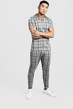 Boohoo Check Revere Collar Polo And Jogger Twin Set