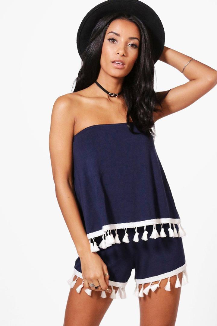 Boohoo Skye Tassle Trim Bandeau Playsuit Navy