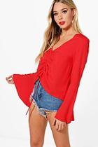 Boohoo Ruched Front Flare Sleeve Blouse