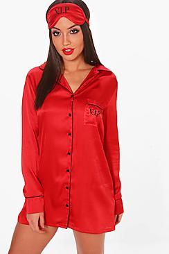 Boohoo Megan 'vip' Slogan Satin Shirt Night Dress