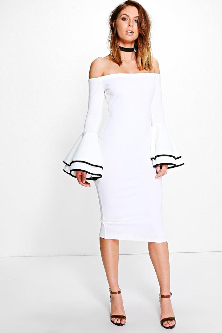 Boohoo Fleur Off Shoulder Flared Sleeve Midi Dress Ivory