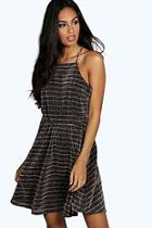 Boohoo Rosie Metallic Stripe Drape Back Skater Dress