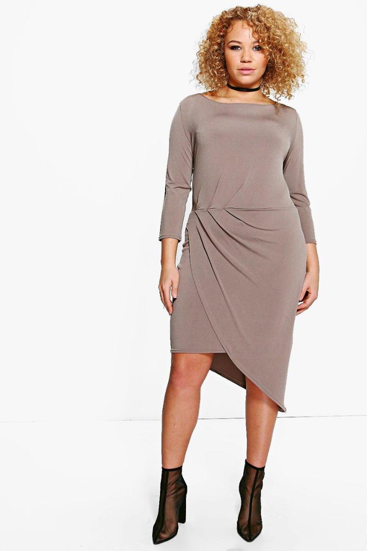 Boohoo Plus Nina Slinky Rouched Wrap Midi Dress Mocha