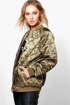 Boohoo Boutique Lily Longline Quilted Satin Bomber Khaki
