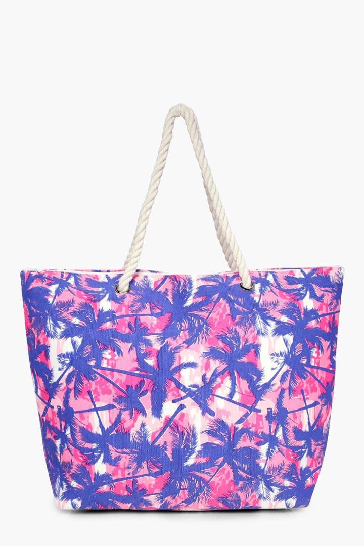 Boohoo Faith Palm Print Beach Bag Blue