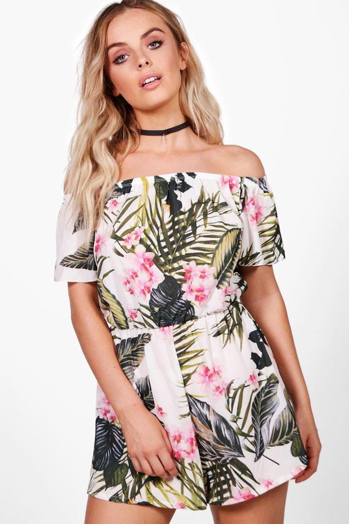 Boohoo Gia Palm Print Off Shoulder Playsuit Multi