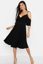 Boohoo Woven Cold Shoulder Pleated Midi Skater Dress