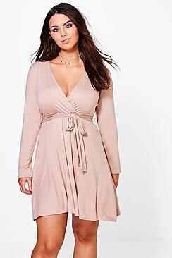 Boohoo Plus Melanie Wrap Tie Skater Dress