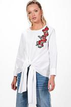 Boohoo Lola Embroidered Tie Front Blouse