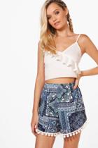 Boohoo Una Paisley Pom Pom Shorts Blue