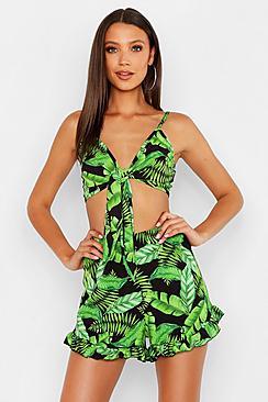 Boohoo Tall Leaf Print Tie Front Shorts Co-ord