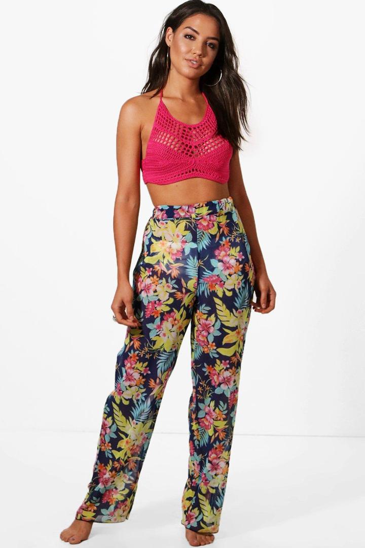 Boohoo Nina Tropical Flower Print Beach Trouser Navy