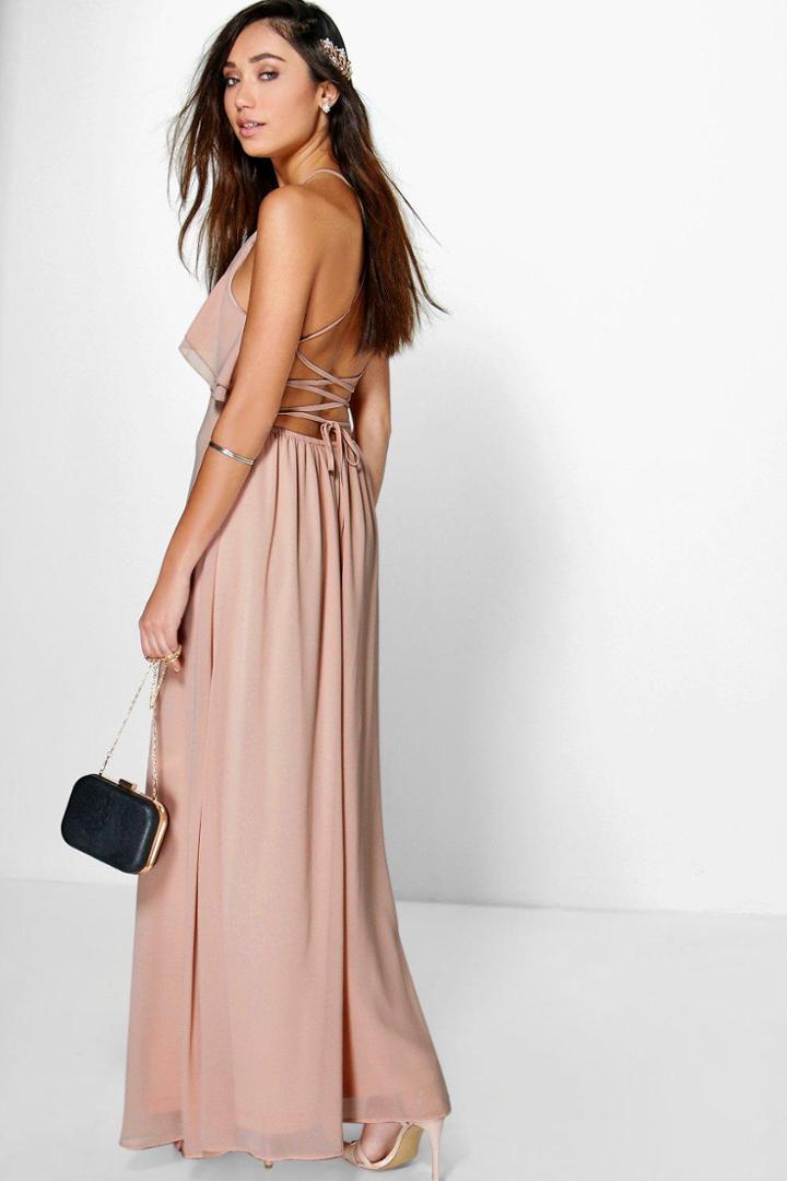Boohoo Adelin Ruffle Strappy Maxi Dress Nude