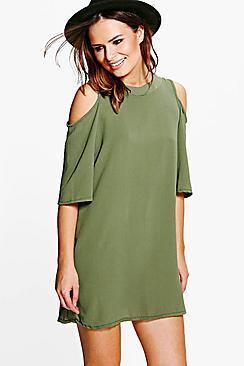 Boohoo Emily Woven Cold Shoulder Skater Dress