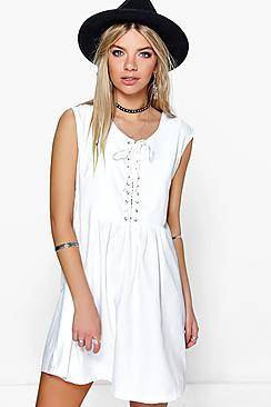 Boohoo Willow Lace Front Woven Smock Dress