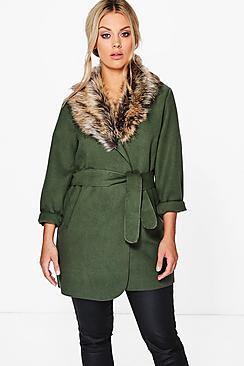 Boohoo Plus Tara Faux Fur Collar Wrap Coat