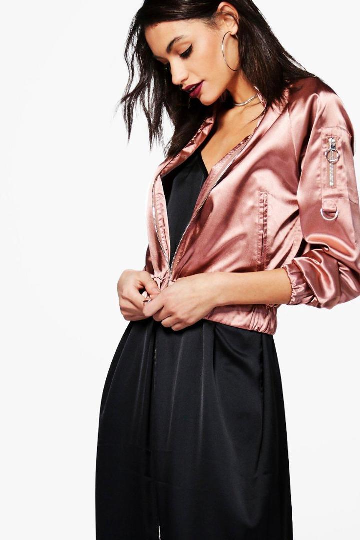 Boohoo Bella Satin Zip Through Raglan Bomber Mocha
