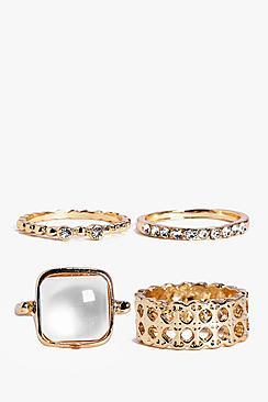 Boohoo Grace Mixed Stone Detail 4 Ring Pack