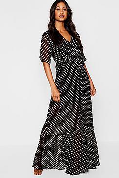 Boohoo Polka Dot Ruffle Hem Flutter Sleeve Skater Dress