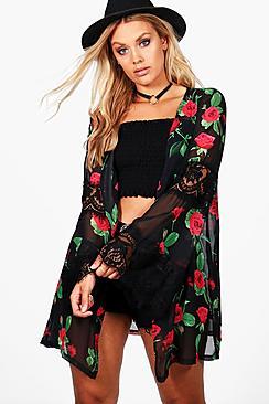 Boohoo Plus Laila Lace Rose Print Kimono