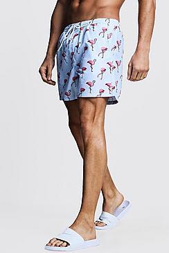 Boohoo Flamingo Print Mid Length Swim Short