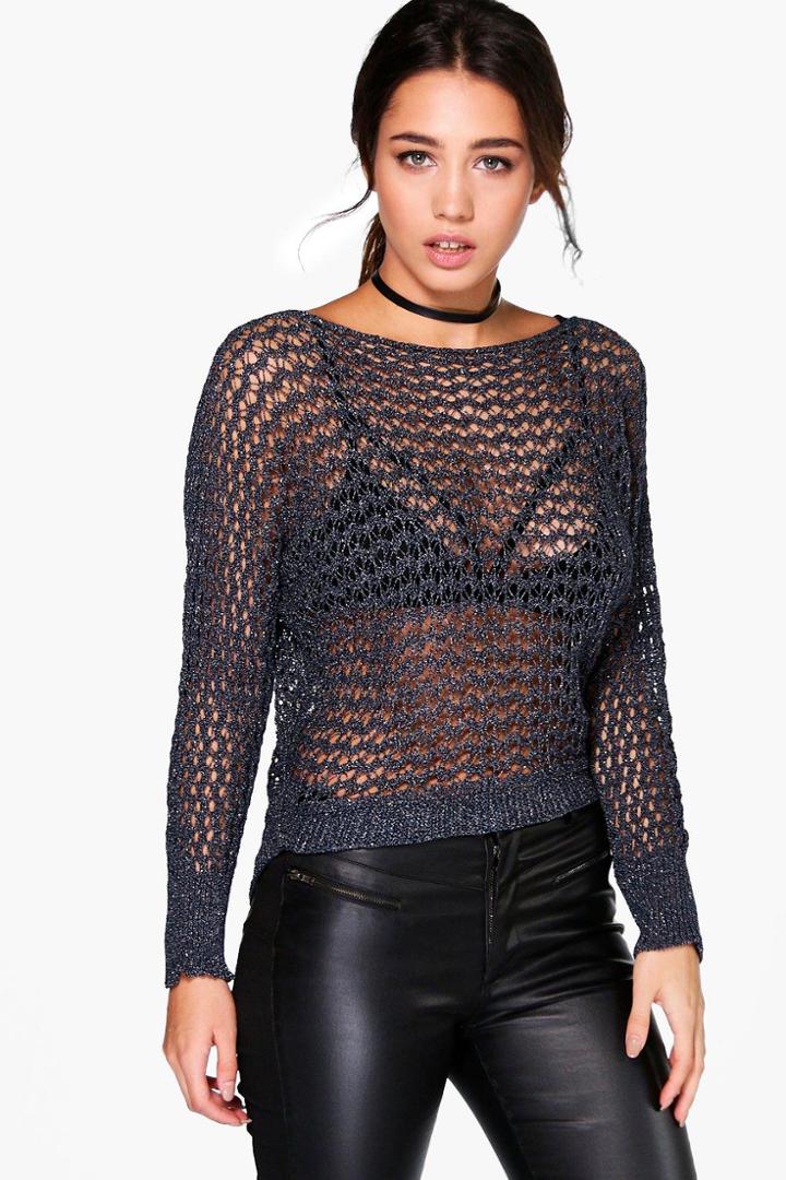 Boohoo Daisy Mesh Metallic Batwing Jumper Navy
