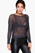 Boohoo Daisy Mesh Metallic Batwing Jumper Navy