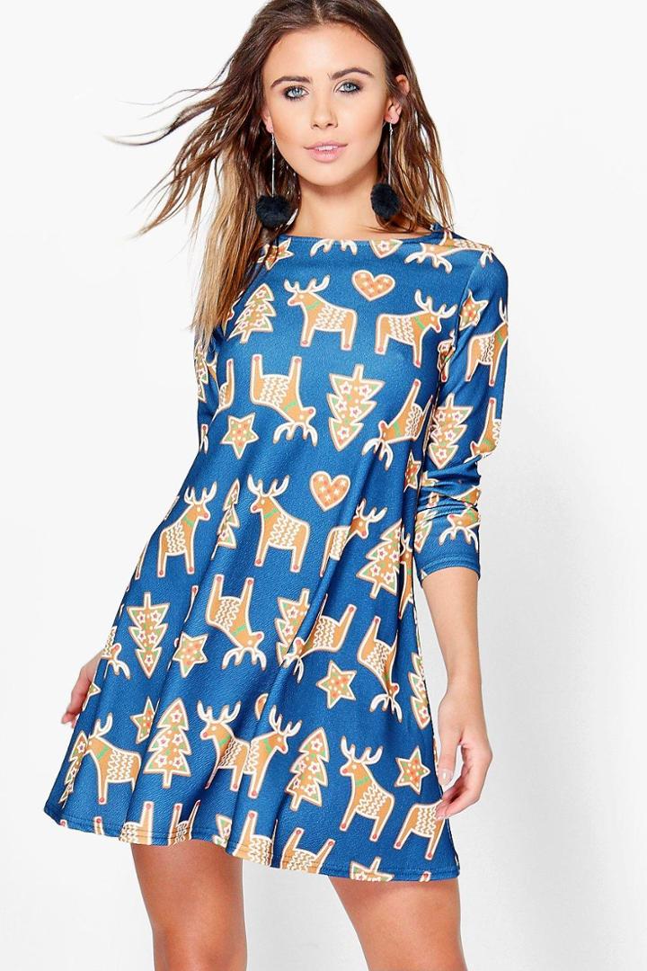 Boohoo Petite Millie Reindeer Printed Swing Dress Multi