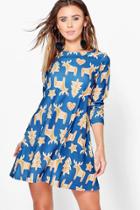 Boohoo Petite Millie Reindeer Printed Swing Dress Multi