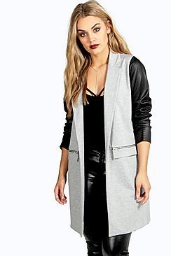 Boohoo Plus Pu Sleeve Jersey Duster Jacket